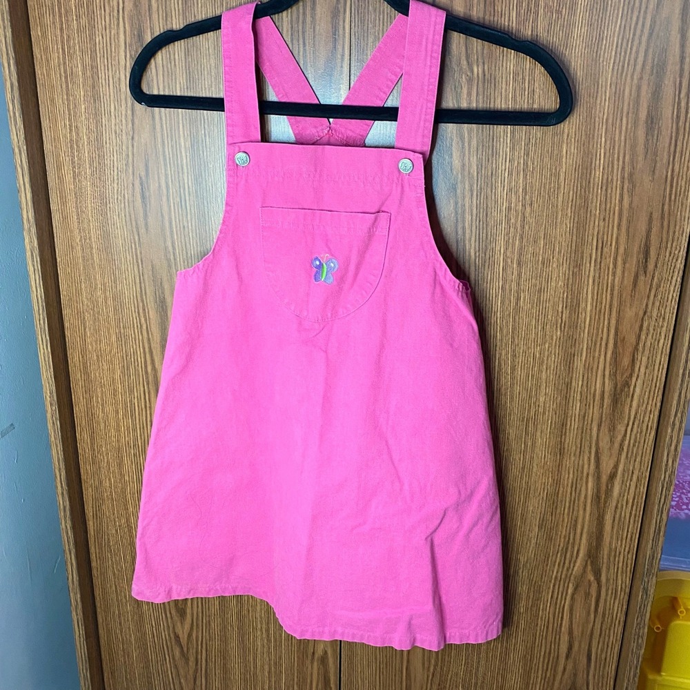 Corner Stone Jumper Dress Girls 7 Pink Butterfly Embroidered Denim Vintage